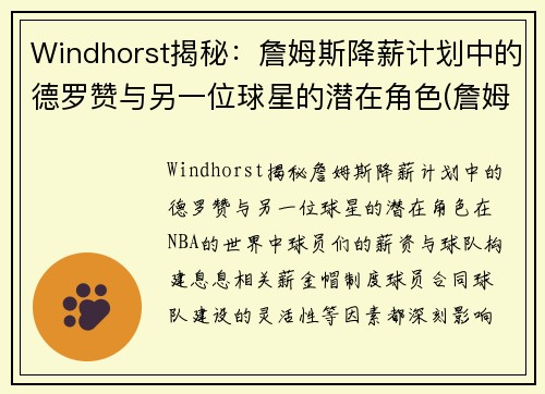 Windhorst揭秘：詹姆斯降薪计划中的德罗赞与另一位球星的潜在角色(詹姆斯德罗赞交手)